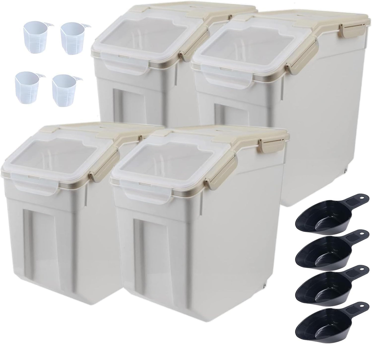 AnRui 25Lbs Airtight Rice Storage Container, Large Flour Storage Containers BPA Free Kitchen Pantry Food Storage Bin Sugar Snack Cereal Grain Organizer Box with Wheel, Scoop, 4Pack, Grey
