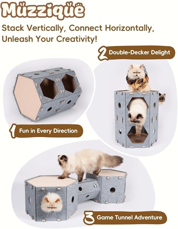 Cat Tunnel House for Indoor Cats, w/Hair Brush, DIY Expandable Modular Felt Pet - Image 2