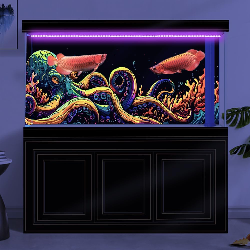 24X16IN Blacklight Octopus Sea Monster HD 3D Black Light Aquarium Background UV Reactive Background Terrarium Background with 10 EVA Double-Sided Tape