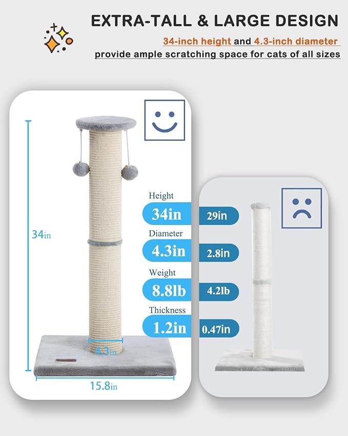 Cat Scratching Post 34 Inches Large Sturdy Cat Post - Image 3