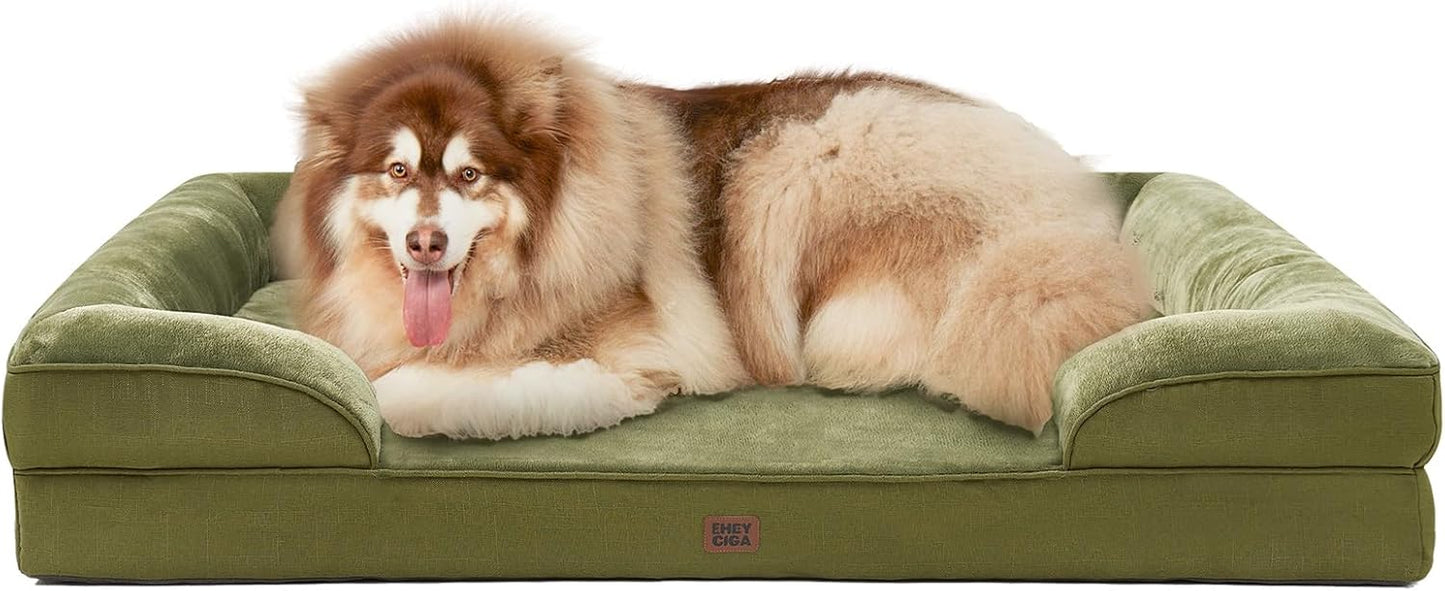 EHEYCIGA Orthopedic XL Dog Beds, Waterproof Memory Foam Dog Bed for Extra Large Dogs, Non-Slip Bottom and Egg-Crate Foam Big Pet Couch Bed with Washable Removable Cover, Olive Green