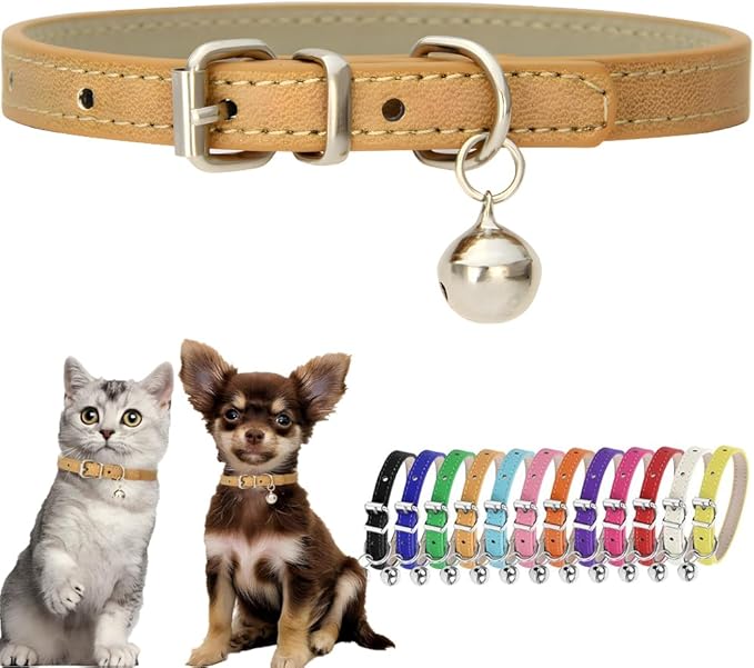 Khaki Puppy Collar with Bell Faux Leather Small Dog Collar with Bells by Hotlion