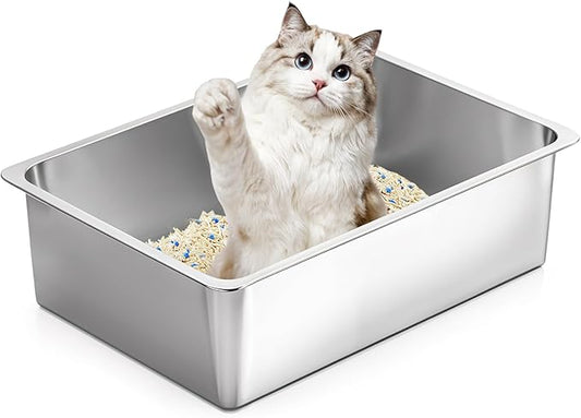 Kirecoo Stainless Steel Cat Litter Box, Large Metal High Sided Cat Pan Box by Kirecoo