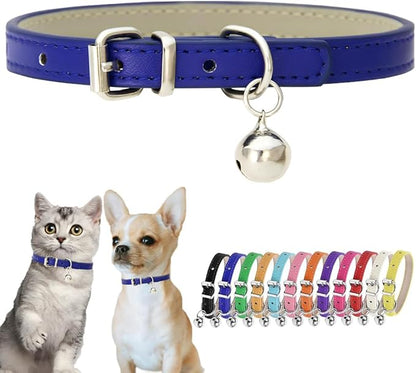Navy Blue Puppy Collar with Bell PU Leather XXS Dog Collar with Bell Adjustable by Hotlion