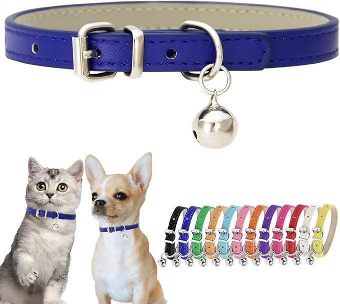 Navy Blue XS Dog Collar with Bell Soft Leather Puppy Collar with Bell by Hotlion