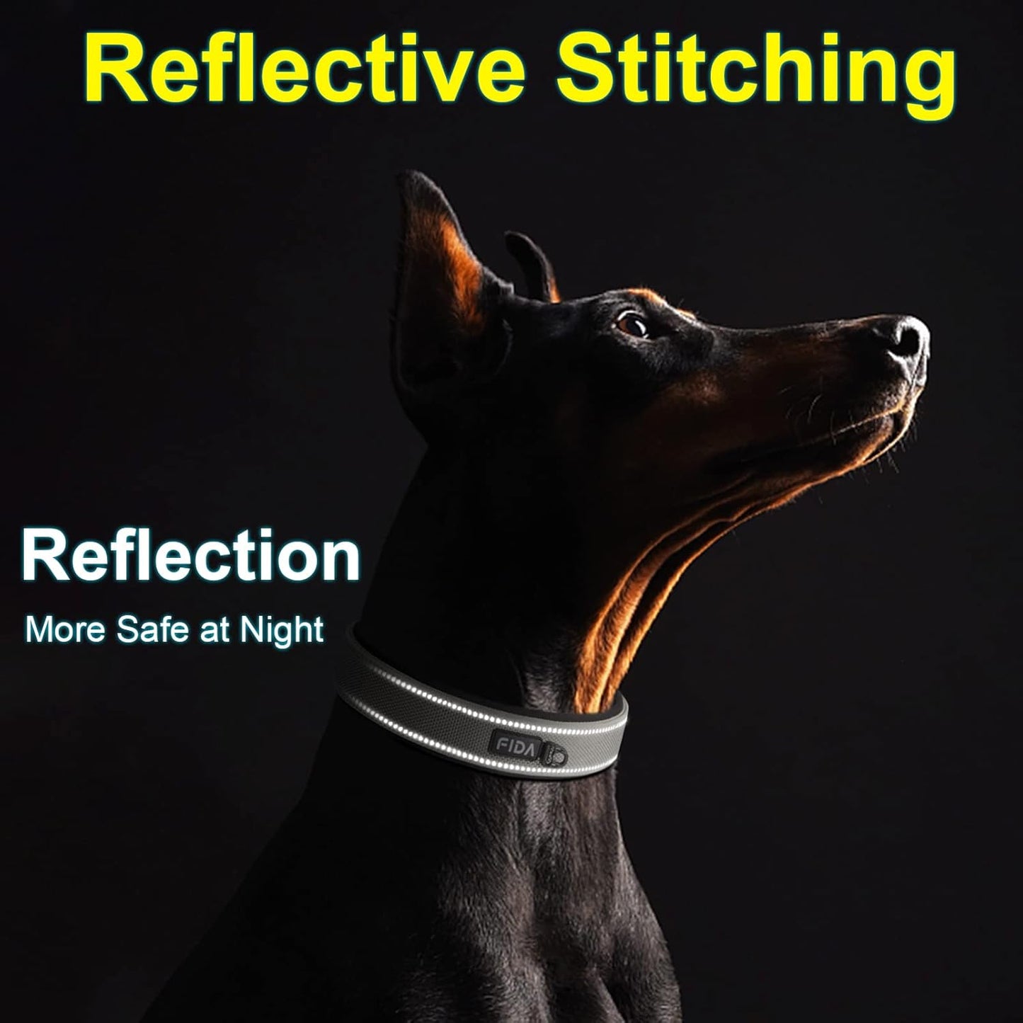 Fida Heavy Duty Dog Collar, Ultra Comfortable Soft Neoprene Padded, Adjustable Reflective Nylon Pet Collar with Durable Metal Belt Buckle for Medium Breeds (M, Grey)