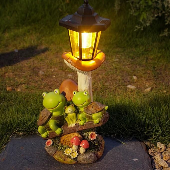 Outdoor Solar Powered Turtle Statue, Turtle and Mushroom-Shaped Sculpture - Image 2