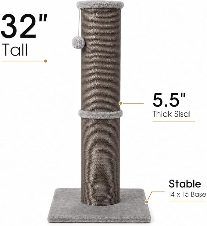 PAWSCRAT Cat Scratching Post 32 Inch High, 5.5 Inch Large Diameter Natural - Image 2