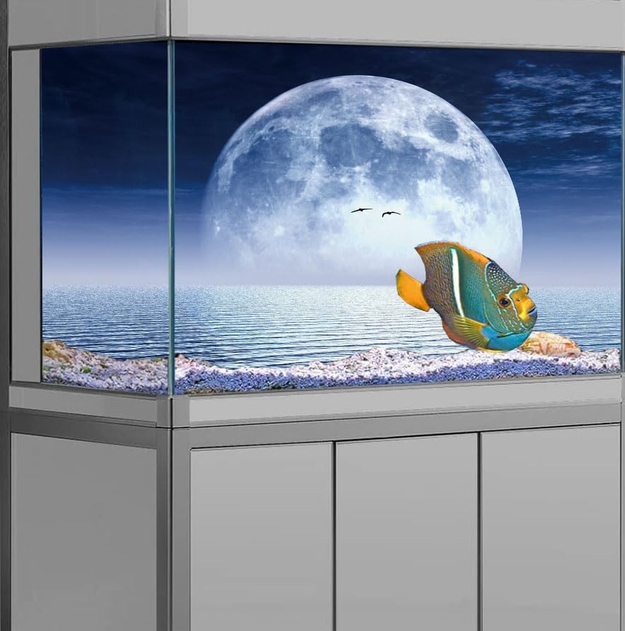 Moon Aquarium Background,Cool Sea Galaxy Parallel Space Themed Fish Tank Background, Cool Terrarium Background 30X18IN with 8 EVA Double-Sided Tape