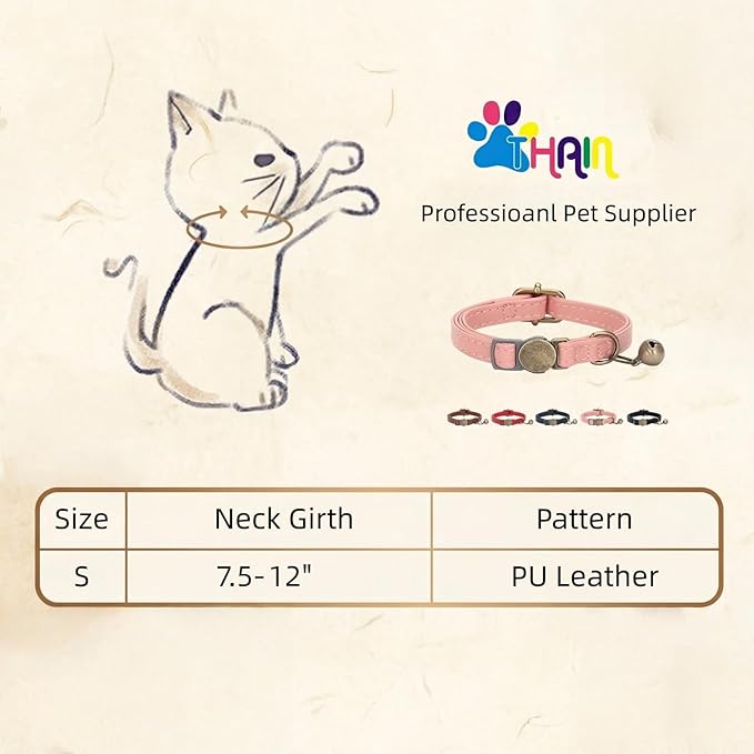 THAIN Leather Cat Collar with Bell Breakaway- Adjustable, Retro Bell fit Most - Image 2