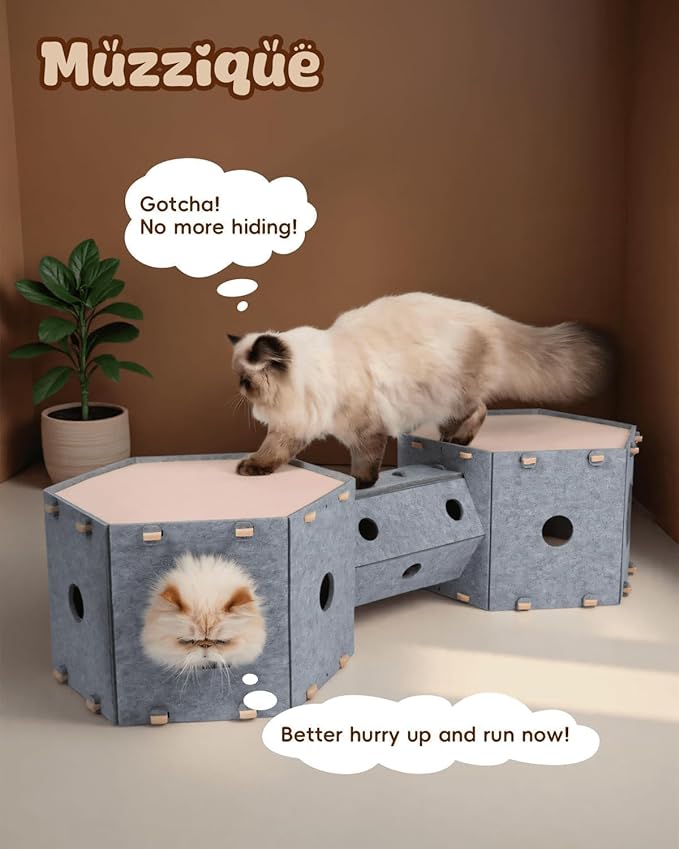 Cat Tunnel House for Indoor Cats, w/Hair Brush, DIY Expandable Modular Felt Pet - Image 5