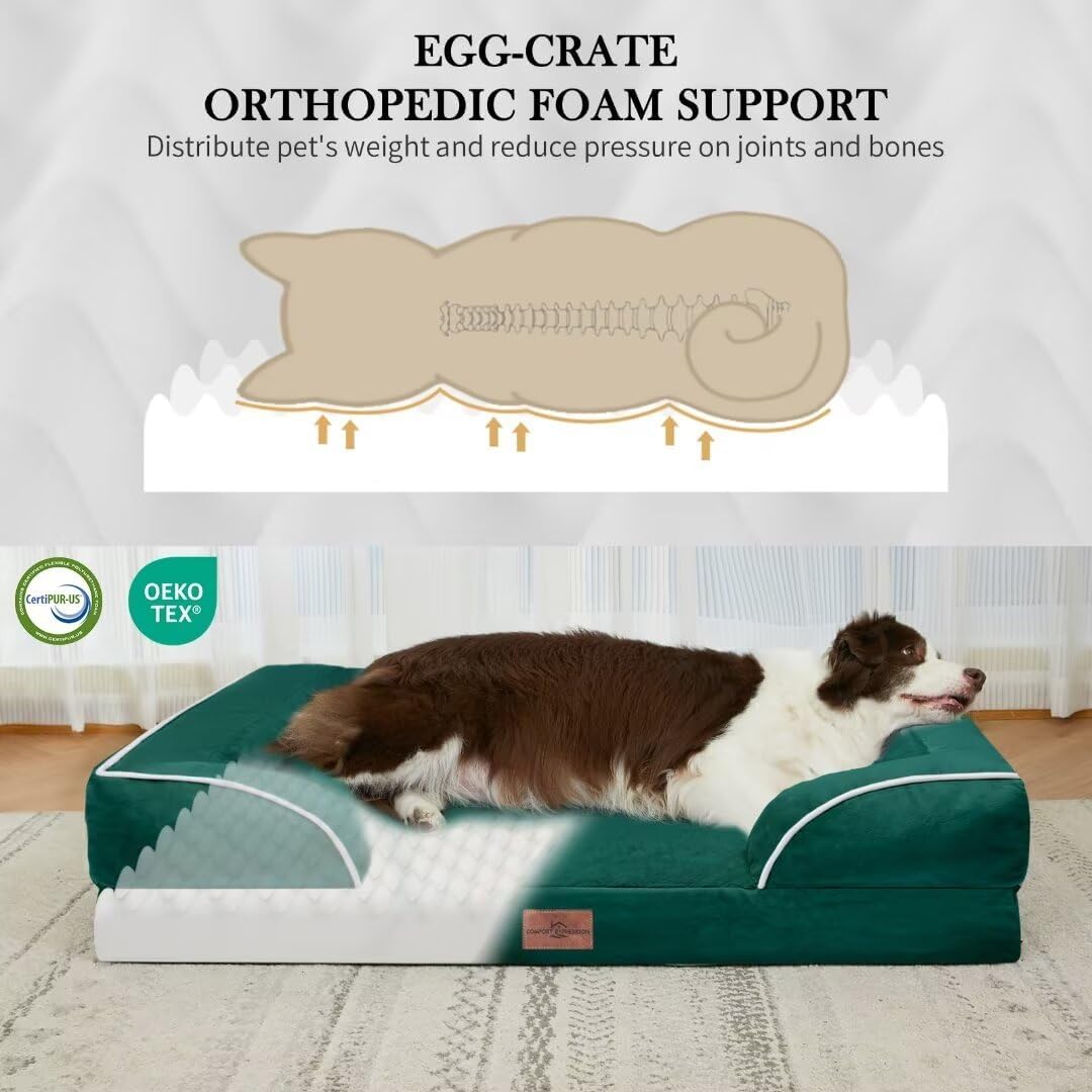 Comfort Expression XL Orthopedic Dog Beds, Waterproof Extra Large Dog Beds with Bolster, Washable Pet Sofa Couch with Removable Cover & Non-Slip Bottom(X-Large,Emerald)