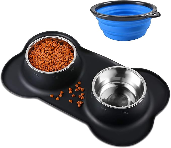 Double Dog Food Bowls Stainless Steel & Water Dish by BonvePet