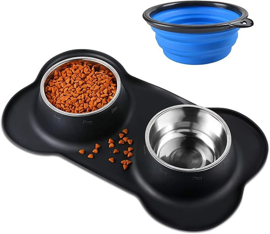 Double Dog Food Bowls Stainless Steel & Water Dish by BonvePet