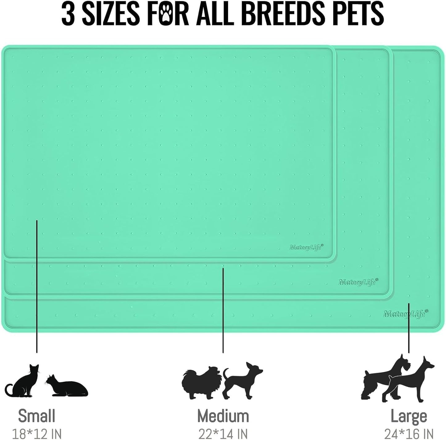 MateeyLife Dog & Cat Food Mat - Waterproof, Nonslip Dog Bowl Mats with Raised Edges, Silicone Matt Tray for Messy Drinkers, 22"x14", MintGreen