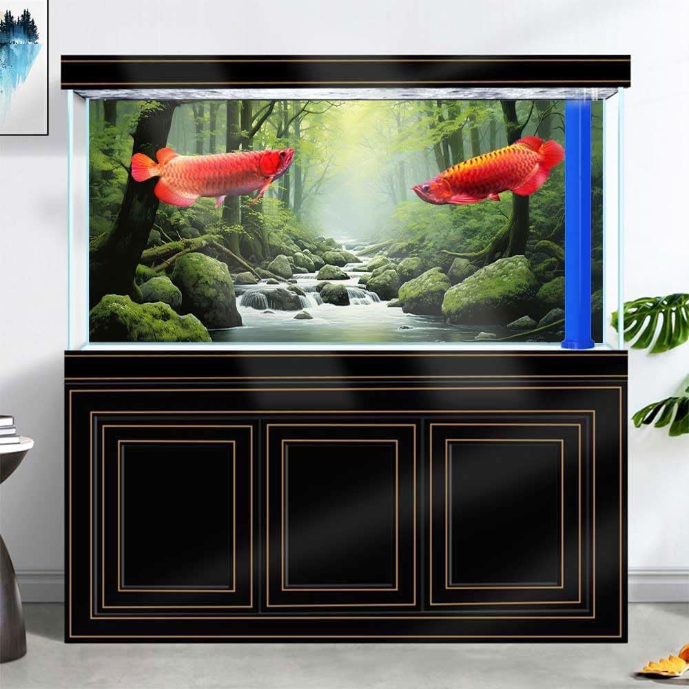 72X18IN Tropical Forest Terrarium Background, Natural Green Forest Tree Reptile Habitat Background, Misty Rainforest Aquarium Background, with 8 EVA Double-Sided Tape