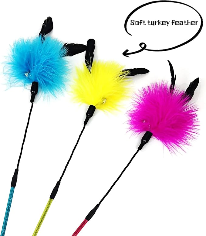 IUHKBH Cat Feather Wands, 3 Colors Soft Turkey Feather Teaser Wands Interactive - Image 3