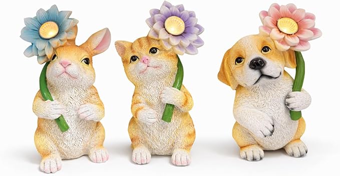 GoGnome Set of 3 Solar Animal Garden Lights – Resin Bunny, Cat & Dog Figurines by GoGnome