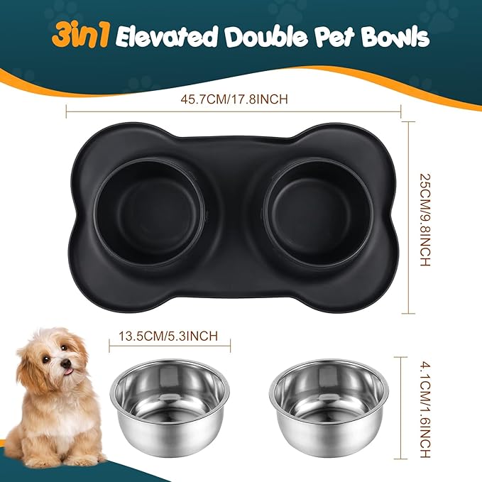 Double Dog Food Bowls Stainless Steel & Water Dish - Image 3