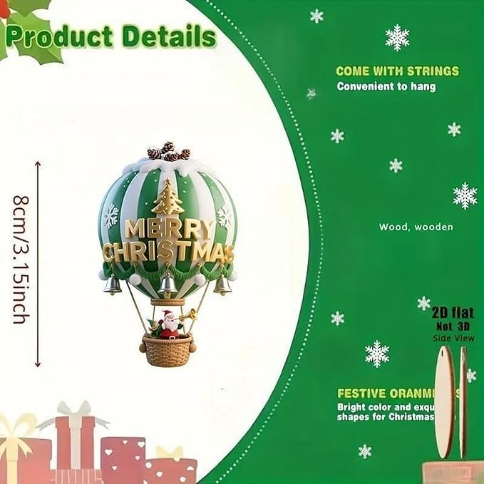 10 Pcs Christmas Hot Air Balloon Hanging Ornaments Green 2D Wooden Christmas - Image 3