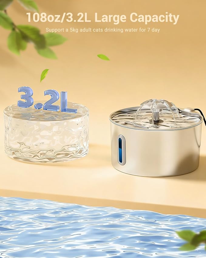 Cat Water Fountain Stainless Steel - 108oz/3.2L Automatic Large Pet Watering - Image 2