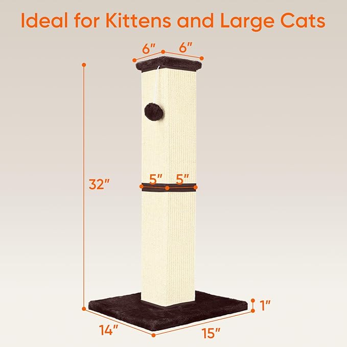 Cat Scratching Post 32 Inch for Indoor Large Cats and Kitten, Nature Sisal Tall - Image 2