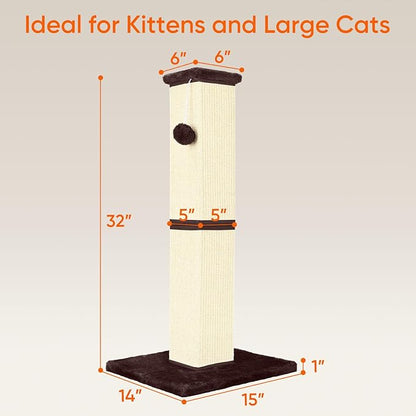 Cat Scratching Post 32 Inch for Indoor Large Cats and Kitten, Nature Sisal Tall - Image 2