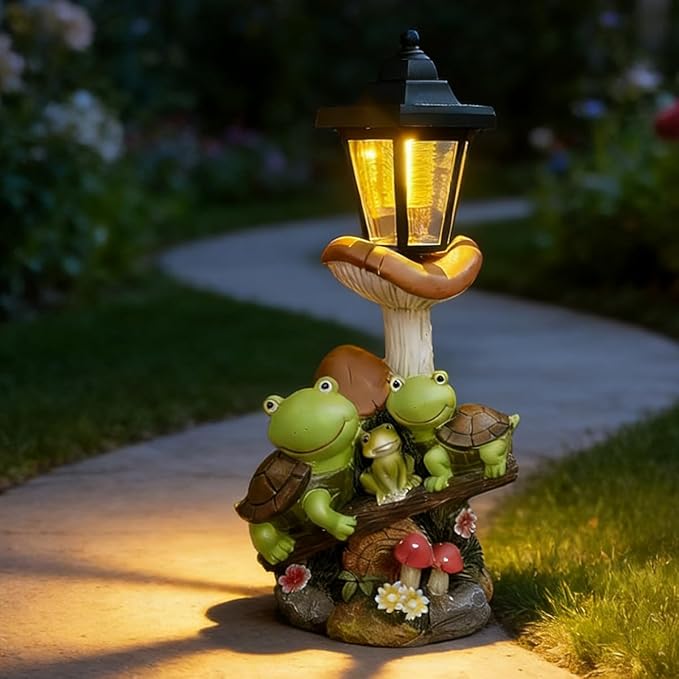 Outdoor Solar Powered Turtle Statue, Turtle and Mushroom-Shaped Sculpture - Image 7