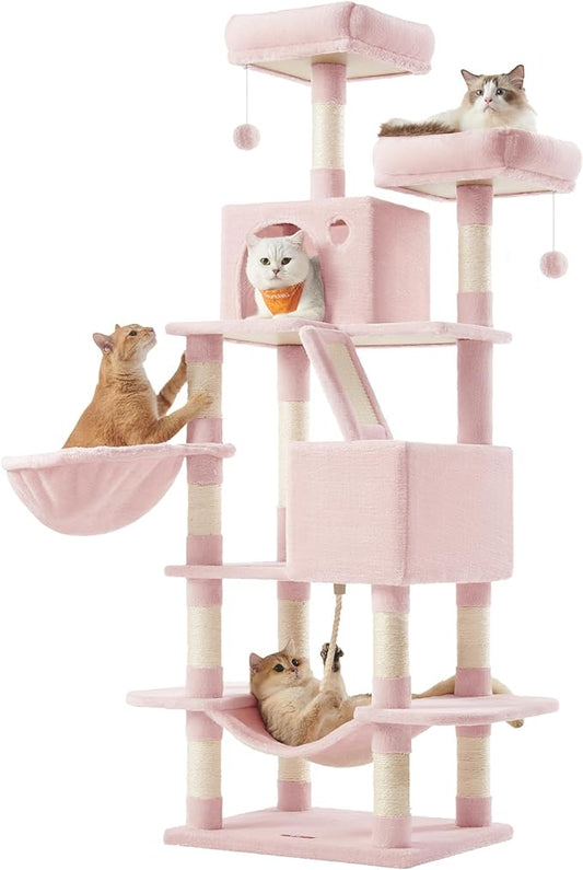 Feandrea Cat Tree, 66.1-Inch Large Cat Tower, 2 Perches, 2 Caves, Jelly Pink by FeandreabySONGMICSHOME