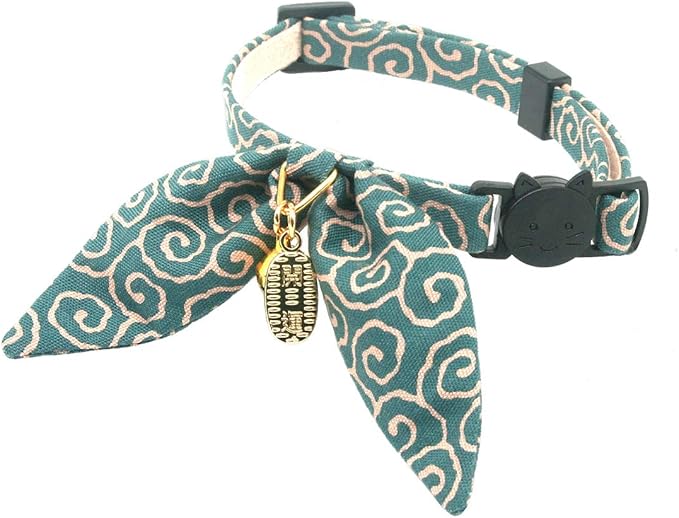 Bunny Ears Cat Collar, Japan Lucky ‘開三運’ Charm. Safety Breakaway Bowtie Kitten by PetSoKoo