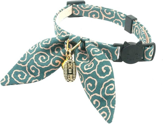 Bunny Ears Cat Collar, Japan Lucky ‘開三運’ Charm. Safety Breakaway Bowtie Kitten by PetSoKoo