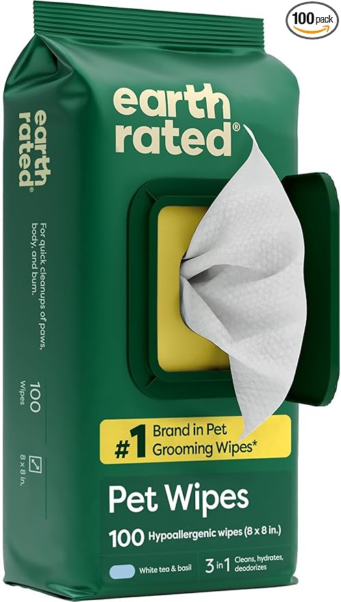Earth Rated Pet Wipes for Dogs and Cats, Hypoallergenic, 3-in-1 Cleaning by EarthRated