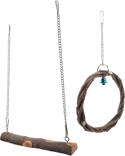 Wood Bird Swing 2pcs with Bell and Woven Ring Natural Wood Hanging by cabilock