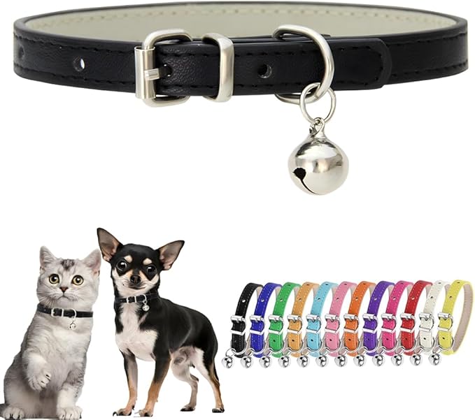 Black Puppy Collar with Bell PU Leather XXS Dog Collar with Bell Adjustable by Hotlion