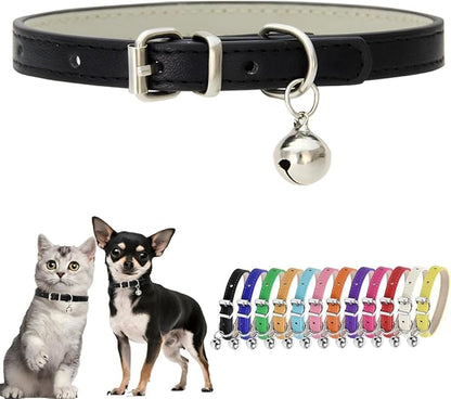 Black XS Dog Collar with Bell Leather Puppy Collar with Bell Adjustable Buckle by Hotlion
