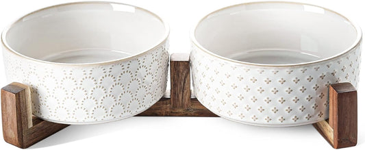 Dog Bowls Ceramic for Small Medium Dogs - 3-Cup Dual Food & Water Bowl Set with Acacia Wood Stand, Non-Slip Anti-Tip Elevated Design