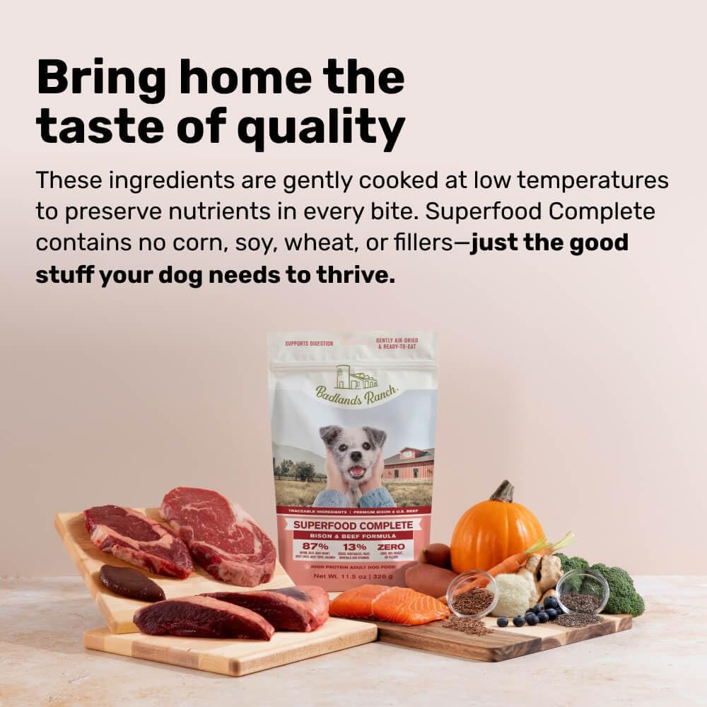 BADLANDS RANCH - Superfood Complete, Air-Dried Adult Dog Food - High Protein, Zero Fillers, Superfood Nutrition by Katherine Heigl (64 oz, Beef & Bison Formula)