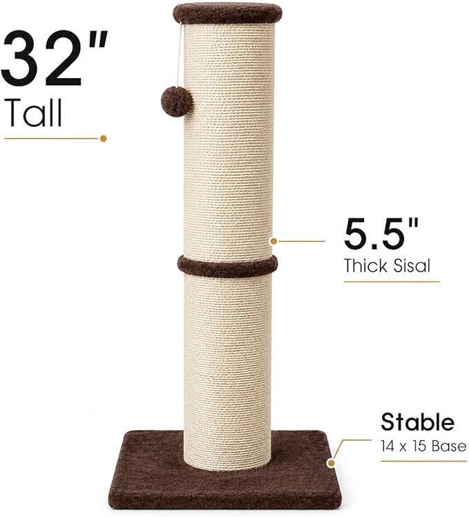PAWSCRAT Cat Scratching Post 32 Inch High, 5.5 Inch Large Diameter Natural - Image 2