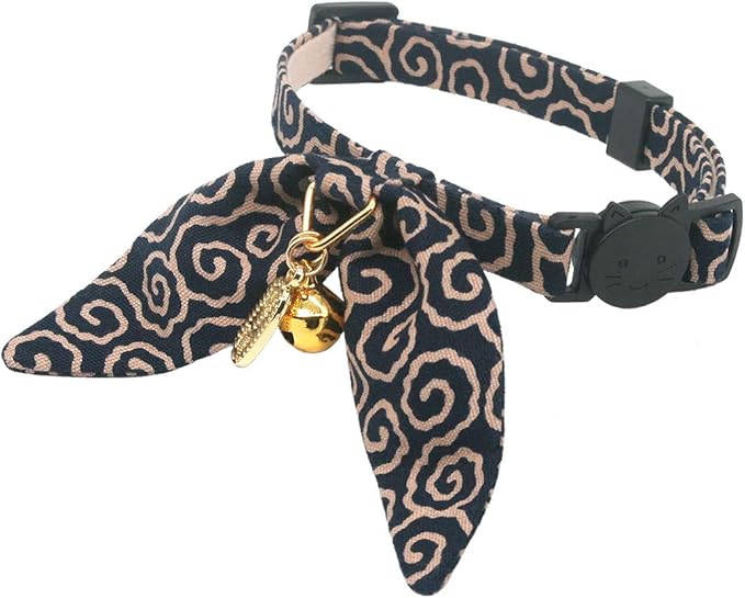 Bunny Ears Cat Collar, Japan Lucky ‘開三運’ Charm. Safety Breakaway Bowtie Kitten by PetSoKoo