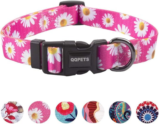 QQPETS Adjustable Soft Dog Collar: Print Flower Pink Multicolor Cute Patterns by QQPETS