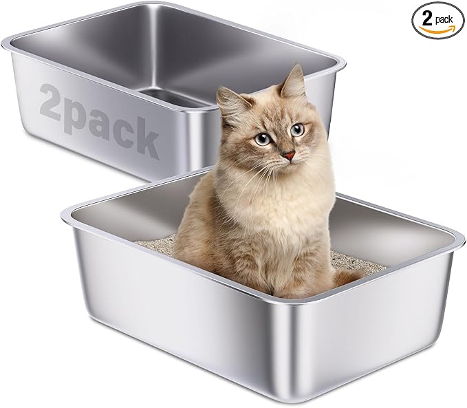 Stainless Steel Litter Box 2 Pack, Never Absorb Odor, Non Stick Metal Litterbox by Holintan