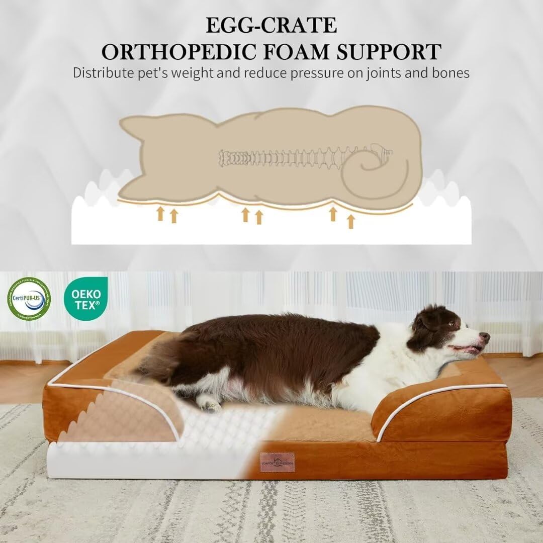 Comfort Expression Waterproof Dog Bed, XXL Dog Bed Orthopedic Foam, Waterproof Pet Sofa Couch with Washable Removable Cover & Non-Slip Bottom(XX-Large,Caramel)