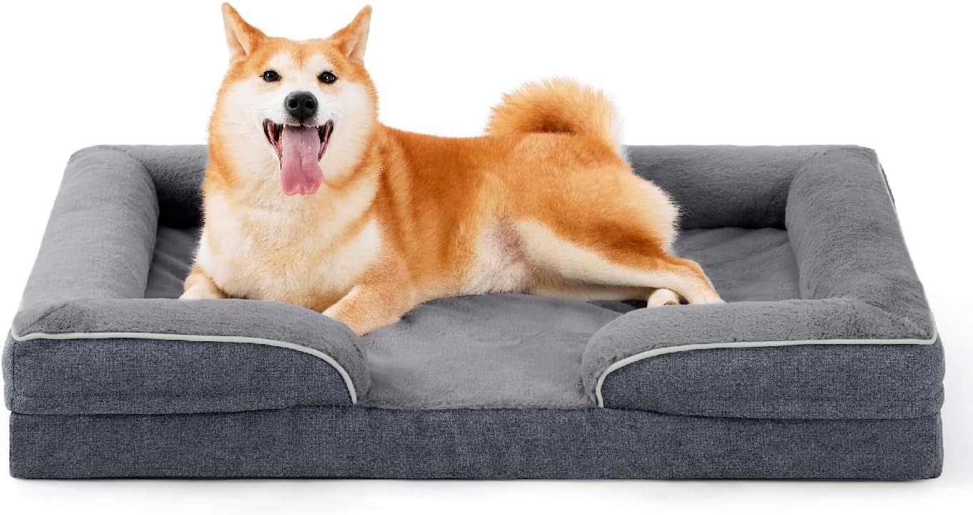 MADE 4 PETS Orthopedic Dog Bed for Large Dogs, Supportive Foam Big Large Pet Bed Sofa with Washable Removable Cover, Waterproof Dog Couch Bed, Non-Slip Bottom and Egg-Crate Foam, Grey