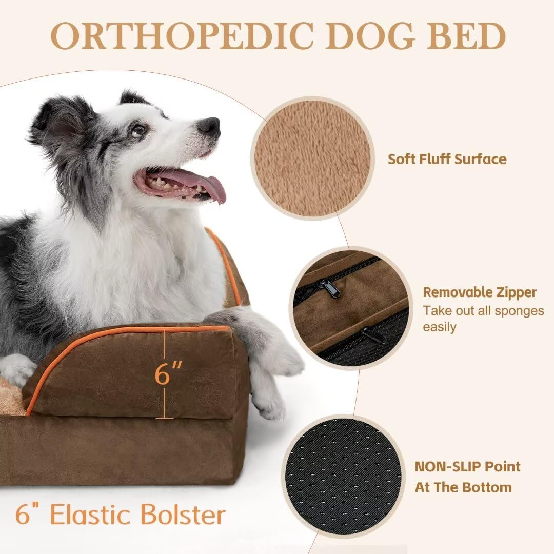 Comfort Expression XXL Orthopedic Dog Bed for Extra Large Dogs, Washable Dogs Sofa Bed, Waterproof Orthopedic Foam Dog Beds with Removable Cover & Non-Slip Bottom(XX-Large,Brown)