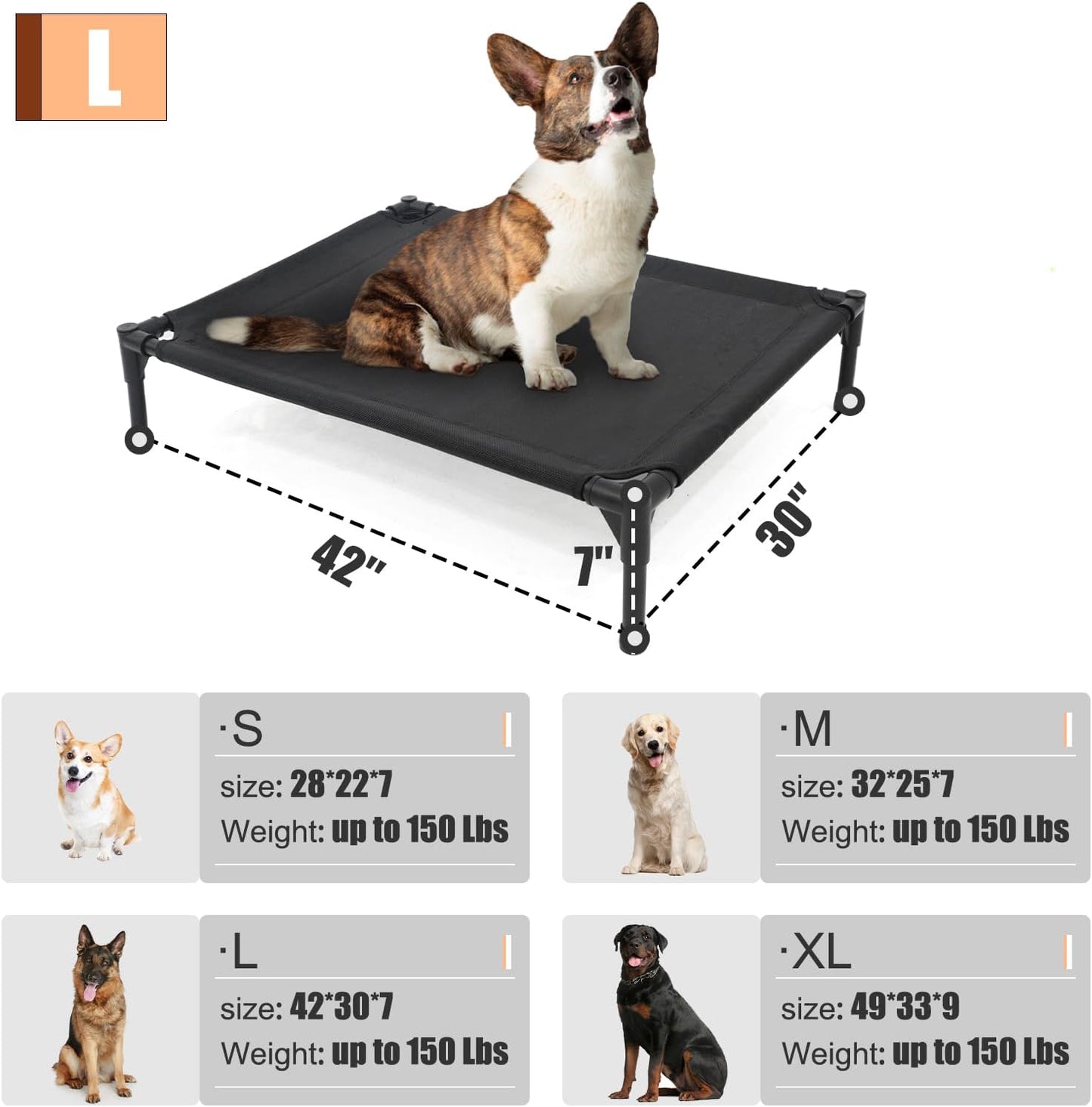Elevated Dog Bed for Large Dogs, Raised Dog Cot Fits Up to 120 LBs, Heavy Duty Pet Cots with Durable Supportive Teslin Recyclable Washable Mesh, Indoor & Outdoor Pet Bed, Black