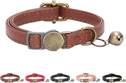 THAIN Leather Cat Collar with Bell Breakaway- Adjustable, Retro Bell fit Most by THAIN