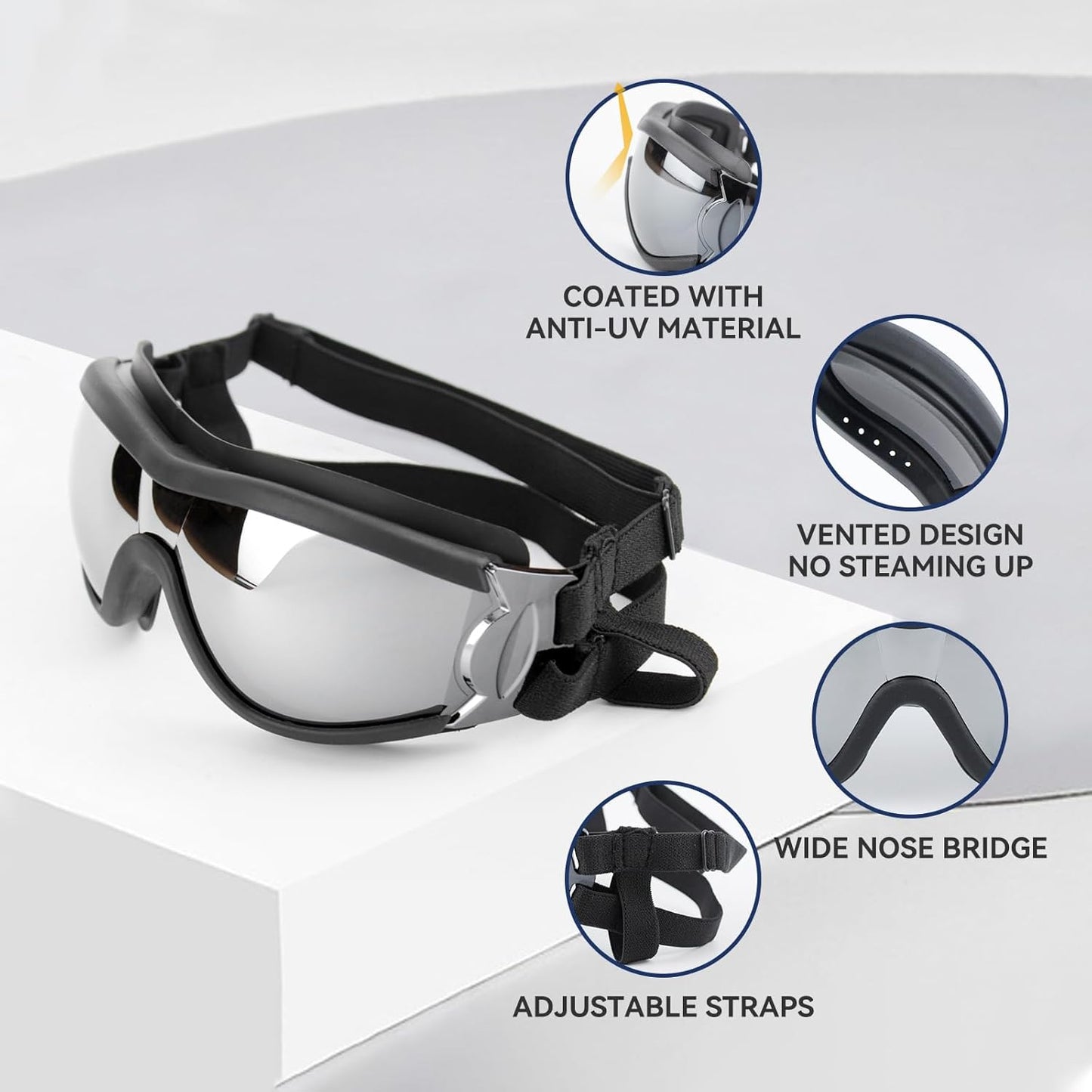Pack of 2 Dog Goggles Dog Sunglasses for Medium to Large Breed Anti-UV Eye Protection with Adjustable Straps- Silver