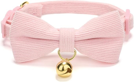 Soft Corduroy Cat Collar with Bell and Bowtie, Safety Breakaway Clasp, by Petiry