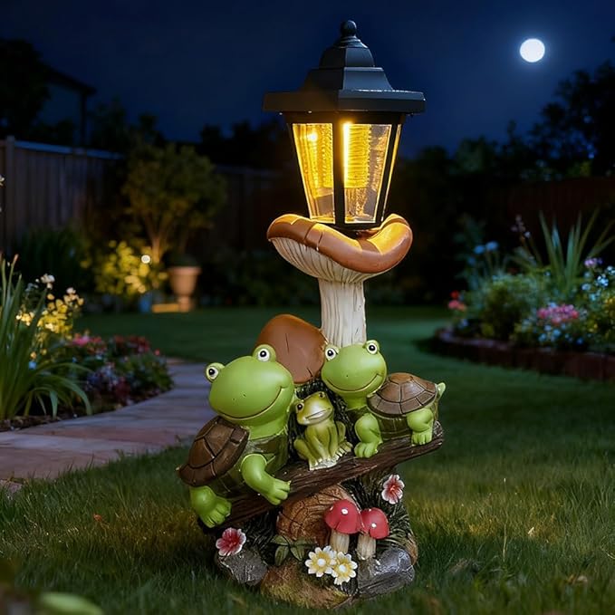 Outdoor Solar Powered Turtle Statue, Turtle and Mushroom-Shaped Sculpture - Image 6