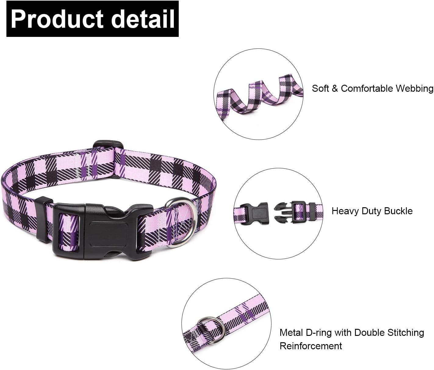Mercano Adjustable Dog Collar - Special Design Patterns, Soft Nylon Comfortable Durable Pet Collar for Small Medium Large Dogs (M, Purple Plaid)